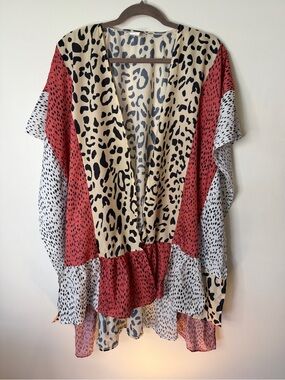 JC Fashion multi leopard Animal Print Ruffle Tunic in Beige, Black & Rust size M
